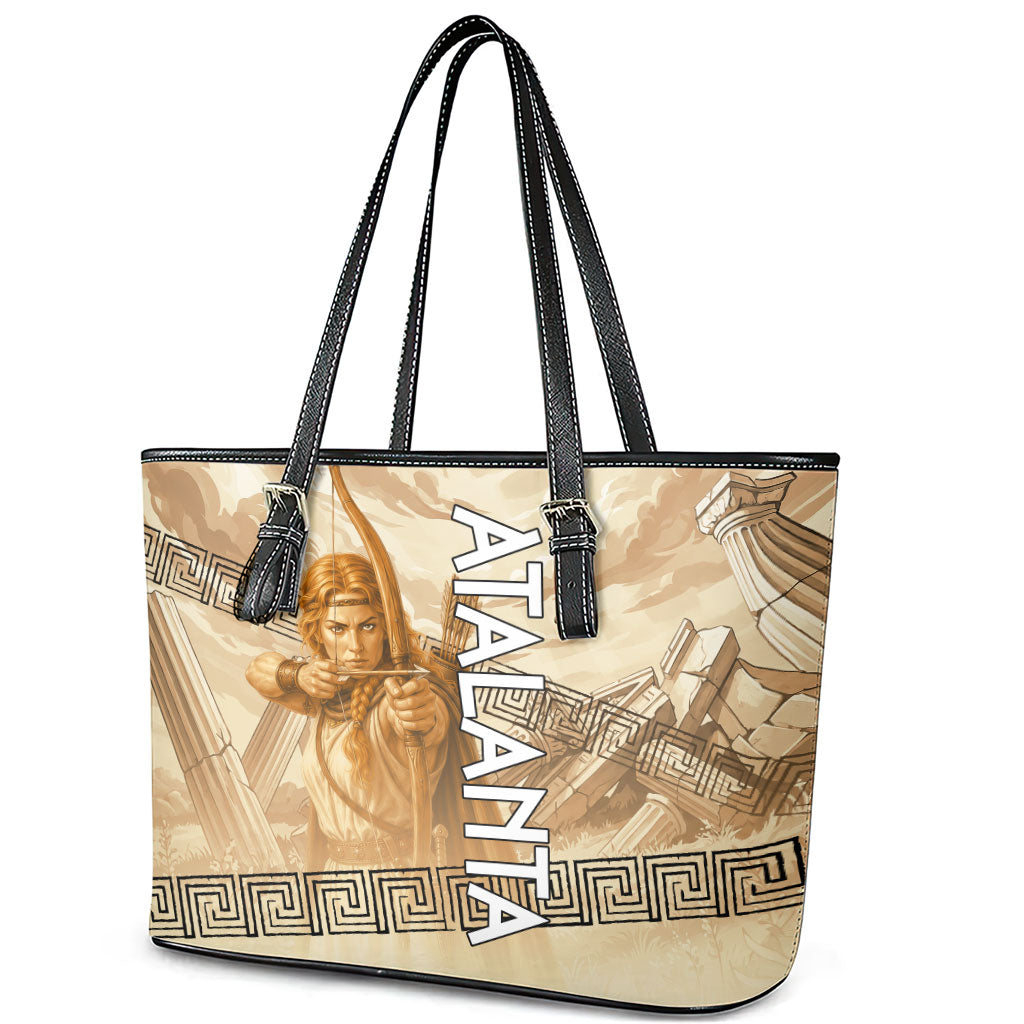 Atalanta Greek Mythology Huntress Archer Leather Tote Bag Ancient Greek Heroine Goddess Vintage Meander Artwork
