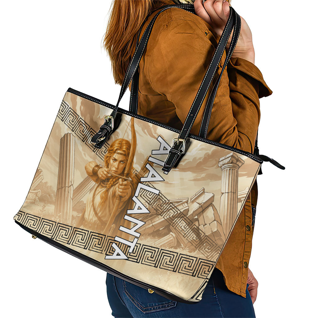 Atalanta Greek Mythology Huntress Archer Leather Tote Bag Ancient Greek Heroine Goddess Vintage Meander Artwork