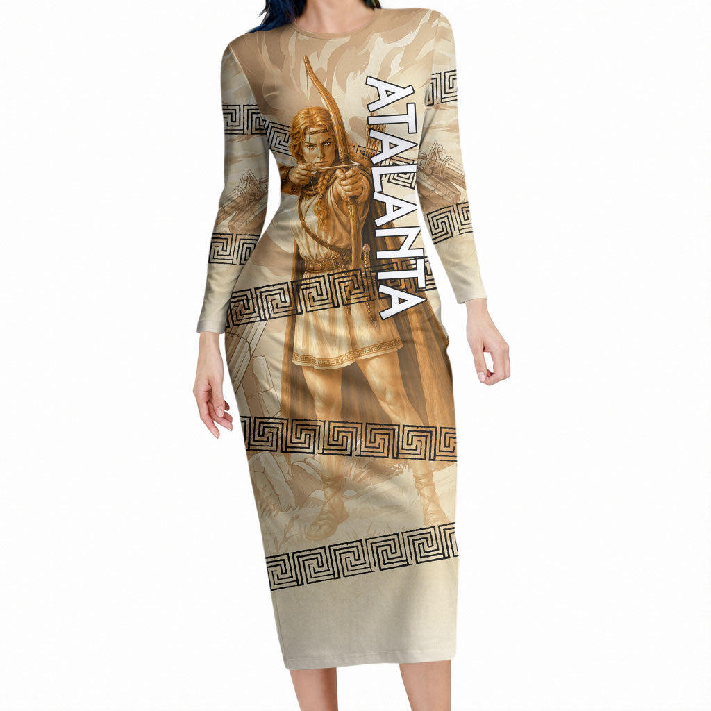 Atalanta Greek Mythology Huntress Archer Long Sleeve Bodycon Dress Ancient Greek Heroine Goddess Vintage Meander Artwork