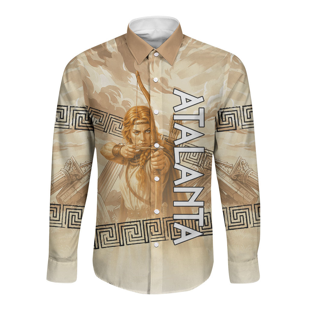 Atalanta Greek Mythology Huntress Archer Long Sleeve Button Shirt Ancient Greek Heroine Goddess Vintage Meander Artwork