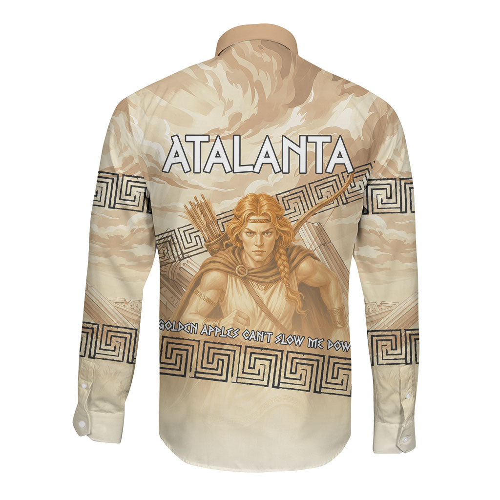 Atalanta Greek Mythology Huntress Archer Long Sleeve Button Shirt Ancient Greek Heroine Goddess Vintage Meander Artwork