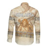 Atalanta Greek Mythology Huntress Archer Long Sleeve Button Shirt Ancient Greek Heroine Goddess Vintage Meander Artwork