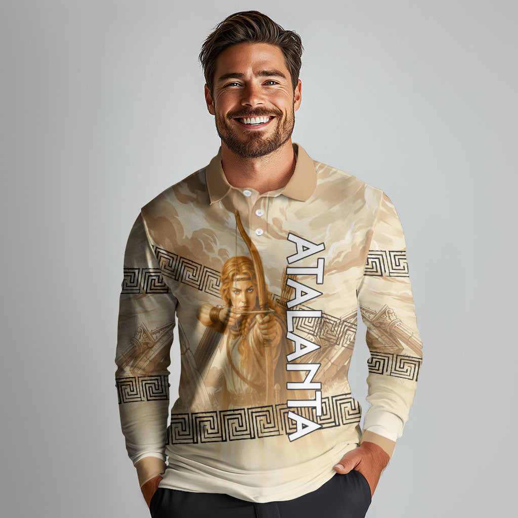 Atalanta Greek Mythology Huntress Archer Long Sleeve Polo Shirt Ancient Greek Heroine Goddess Vintage Meander Artwork