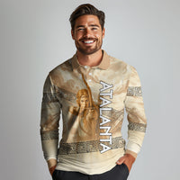 Atalanta Greek Mythology Huntress Archer Long Sleeve Polo Shirt Ancient Greek Heroine Goddess Vintage Meander Artwork