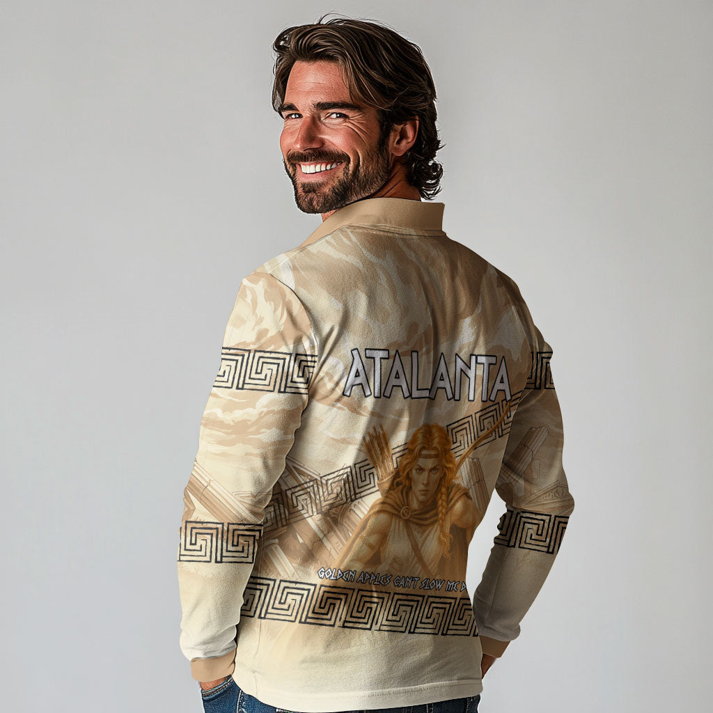 Atalanta Greek Mythology Huntress Archer Long Sleeve Polo Shirt Ancient Greek Heroine Goddess Vintage Meander Artwork
