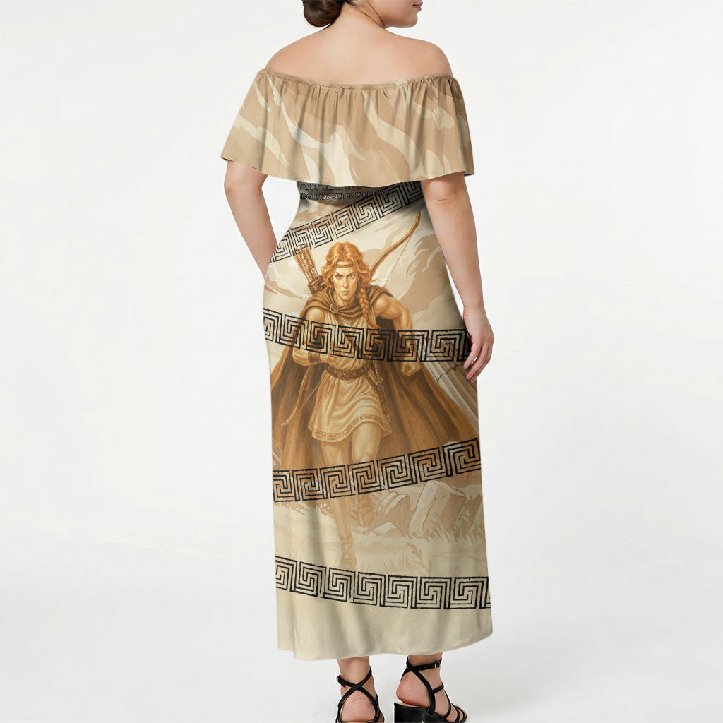 Atalanta Greek Mythology Huntress Archer Off Shoulder Maxi Dress Ancient Greek Heroine Goddess Vintage Meander Artwork