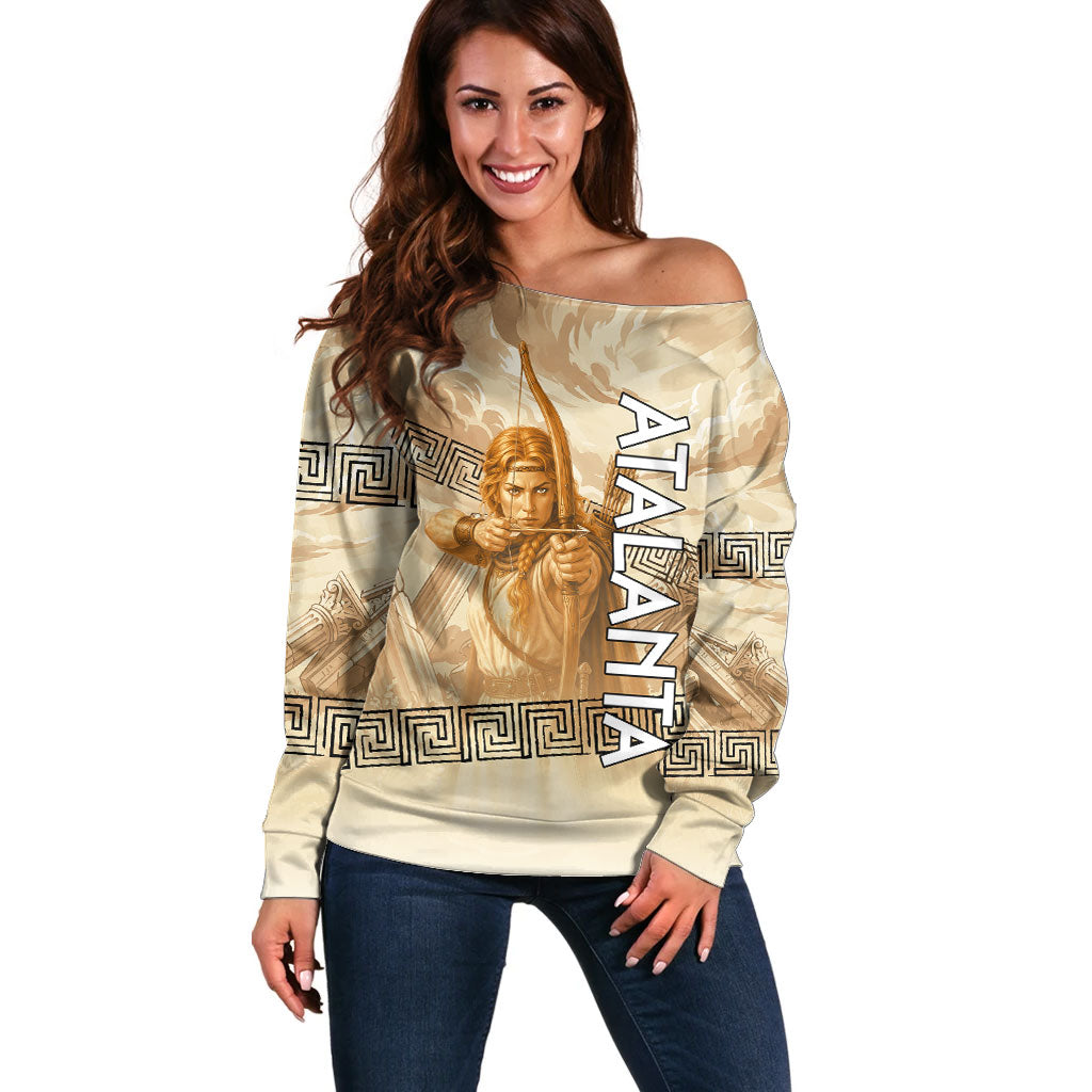 Atalanta Greek Mythology Huntress Archer Off Shoulder Sweater Ancient Greek Heroine Goddess Vintage Meander Artwork