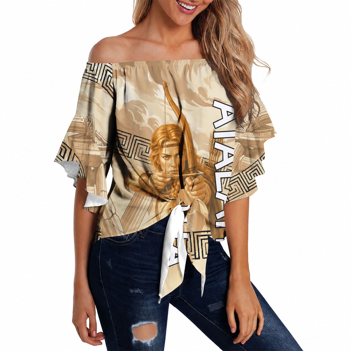 Atalanta Greek Mythology Huntress Archer Off Shoulder Wrap Waist Top Ancient Greek Heroine Goddess Vintage Meander Artwork