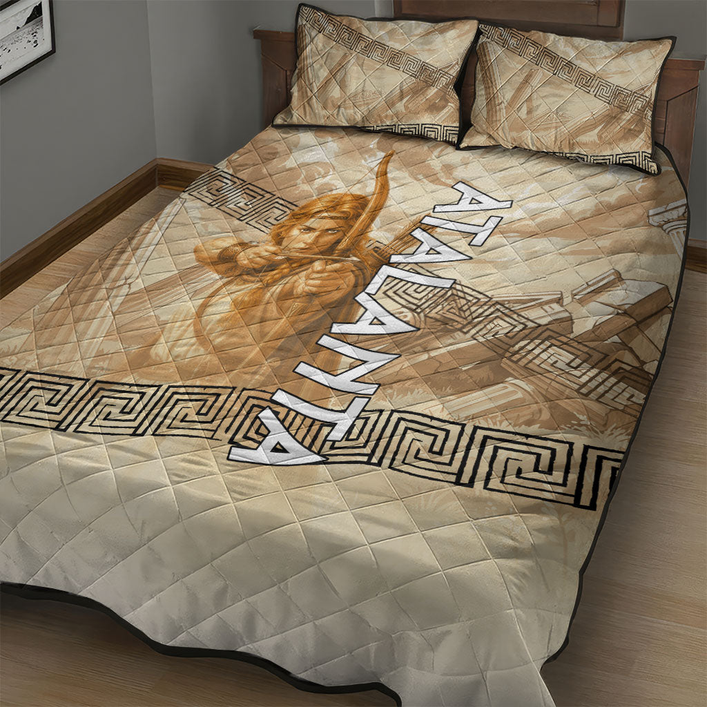 Atalanta Greek Mythology Huntress Archer Quilt Bed Set Ancient Greek Heroine Goddess Vintage Meander Artwork
