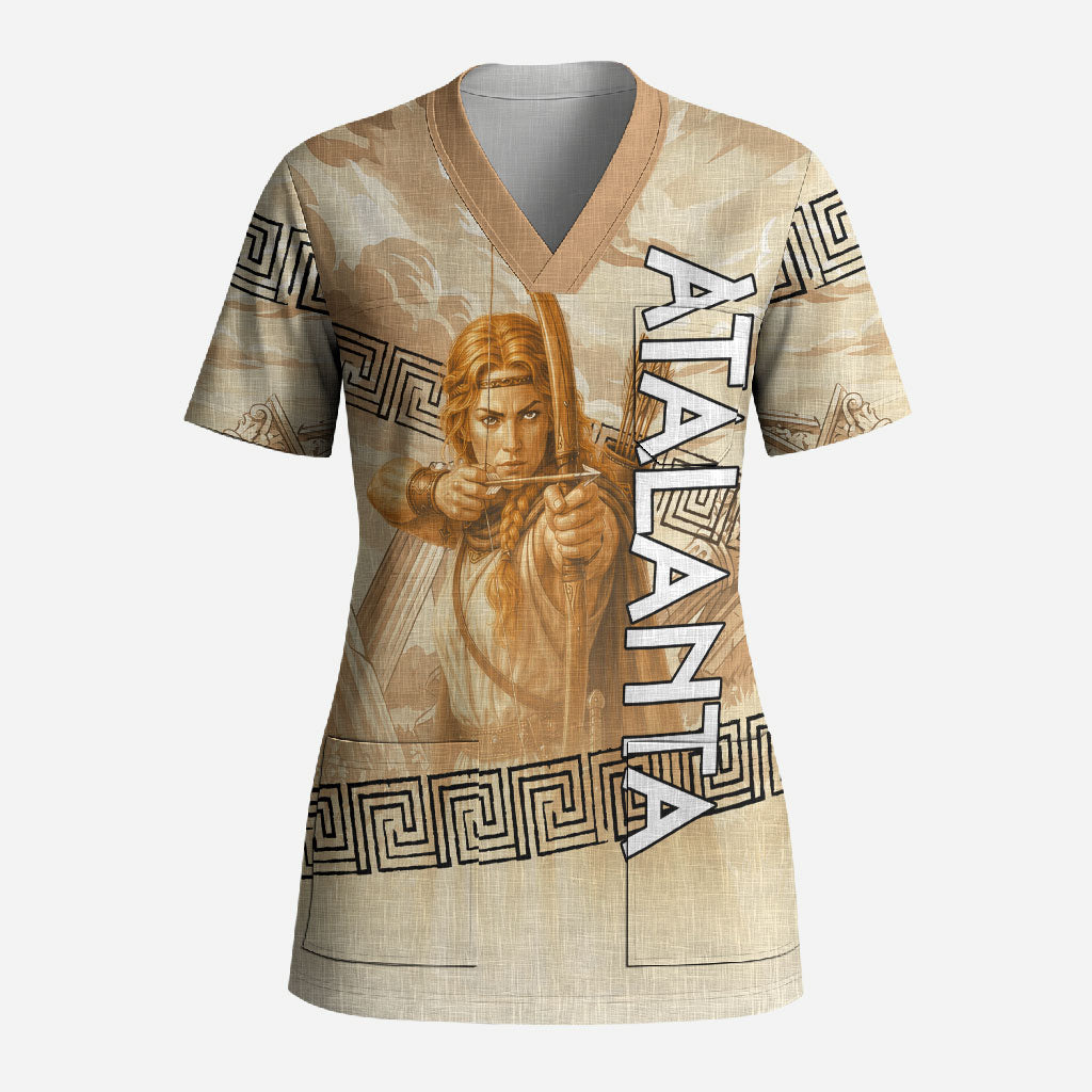 Atalanta Greek Mythology Huntress Archer Scrub Top Ancient Greek Heroine Goddess Vintage Meander Artwork