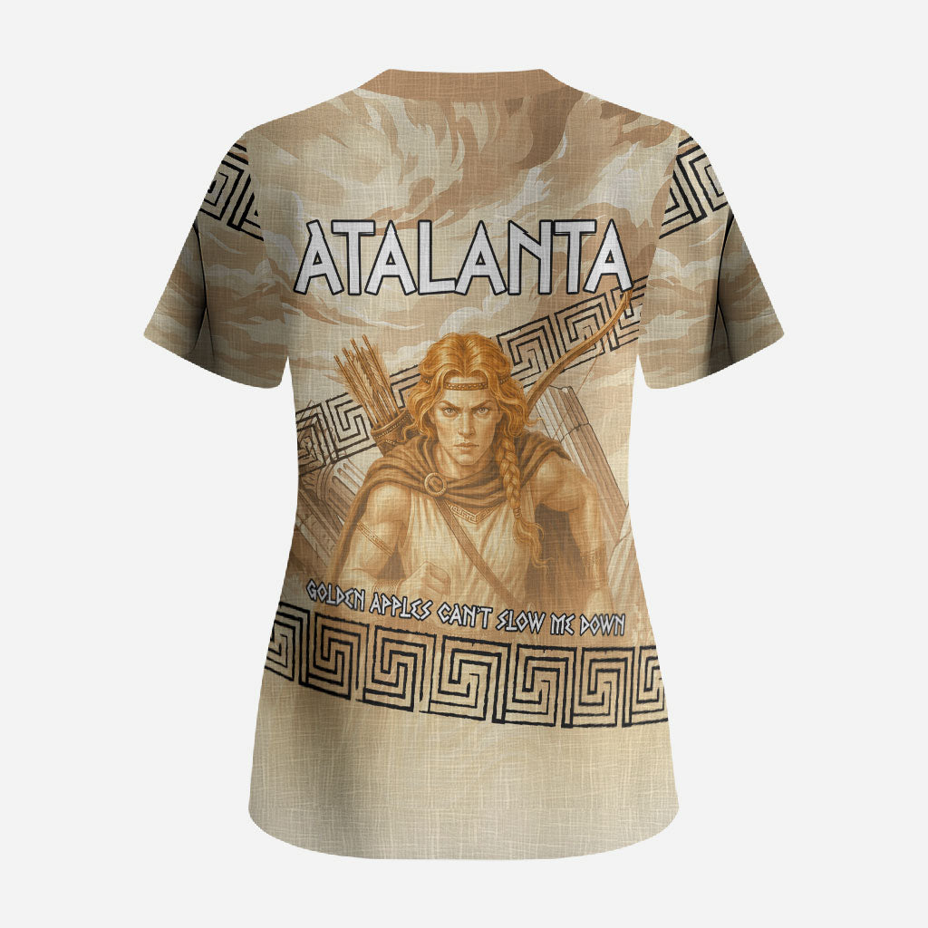 Atalanta Greek Mythology Huntress Archer Scrub Top Ancient Greek Heroine Goddess Vintage Meander Artwork