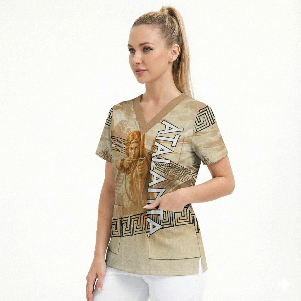 Atalanta Greek Mythology Huntress Archer Scrub Top Ancient Greek Heroine Goddess Vintage Meander Artwork