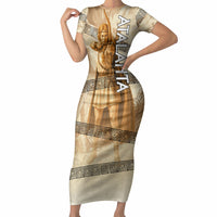 Atalanta Greek Mythology Huntress Archer Short Sleeve Bodycon Dress Ancient Greek Heroine Goddess Vintage Meander Artwork