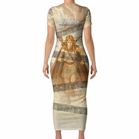 Atalanta Greek Mythology Huntress Archer Short Sleeve Bodycon Dress Ancient Greek Heroine Goddess Vintage Meander Artwork