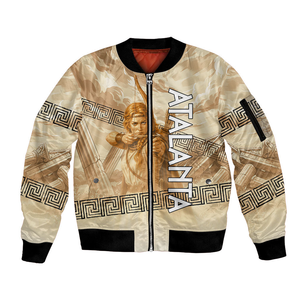 Atalanta Greek Mythology Huntress Archer Sleeve Zip Bomber Jacket Ancient Greek Heroine Goddess Vintage Meander Artwork