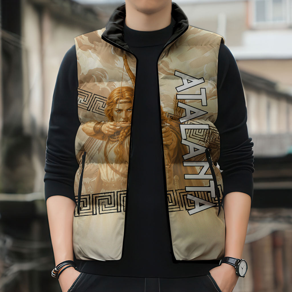 Atalanta Greek Mythology Huntress Archer Sleeveless Puffer Jacket Ancient Greek Heroine Goddess Vintage Meander Artwork