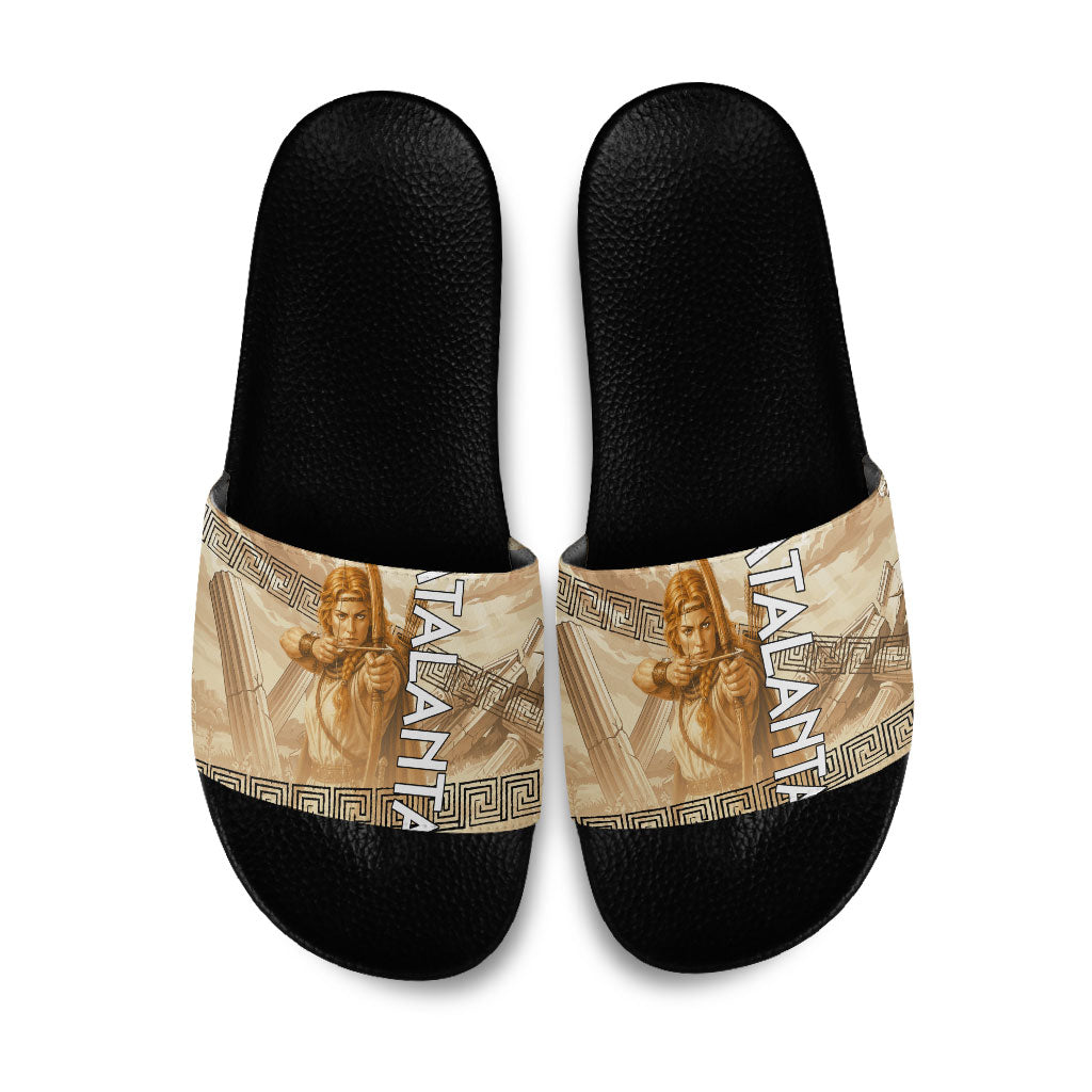Atalanta Greek Mythology Huntress Archer Slide Sandals Ancient Greek Heroine Goddess Vintage Meander Artwork