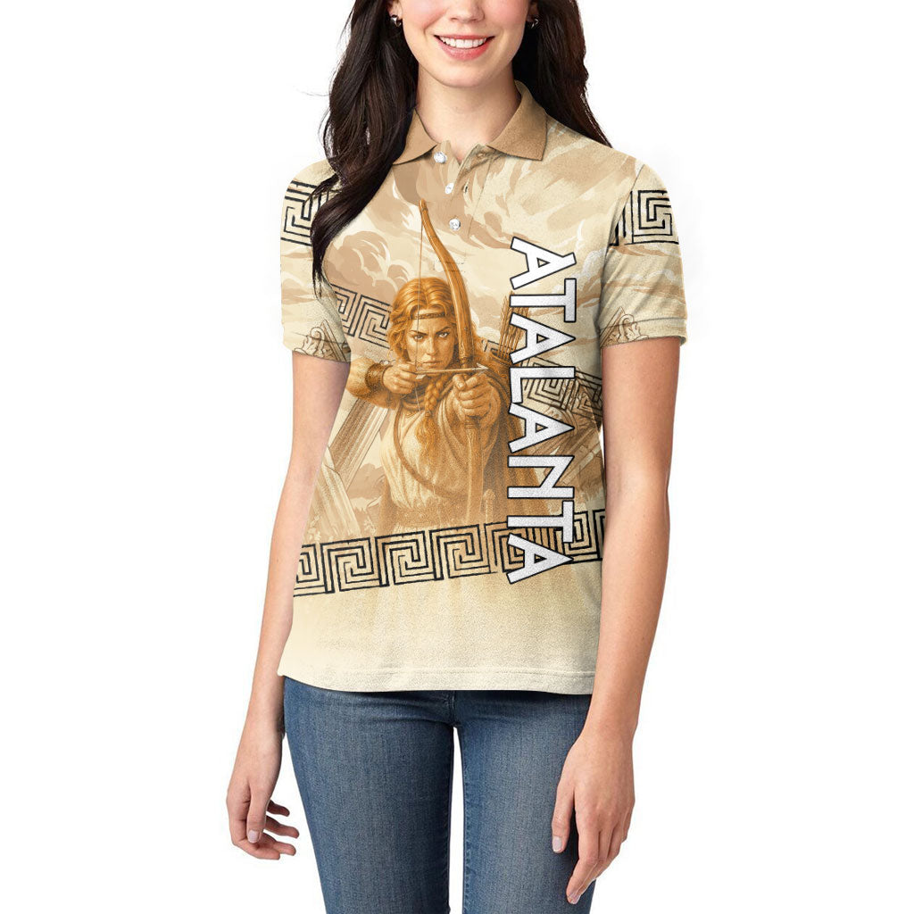 Atalanta Greek Mythology Huntress Archer Women Polo Shirt Ancient Greek Heroine Goddess Vintage Meander Artwork