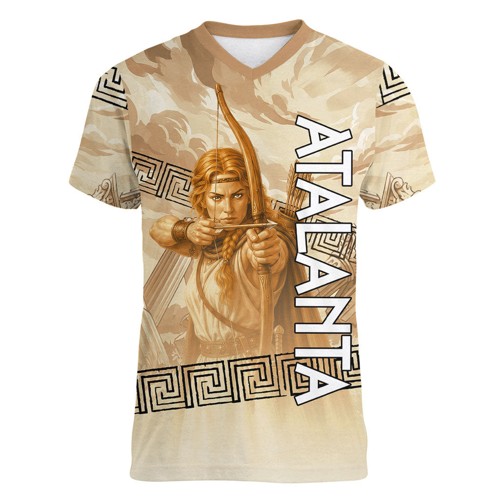 Atalanta Greek Mythology Huntress Archer Women V-Neck T-Shirt Ancient Greek Heroine Goddess Vintage Meander Artwork