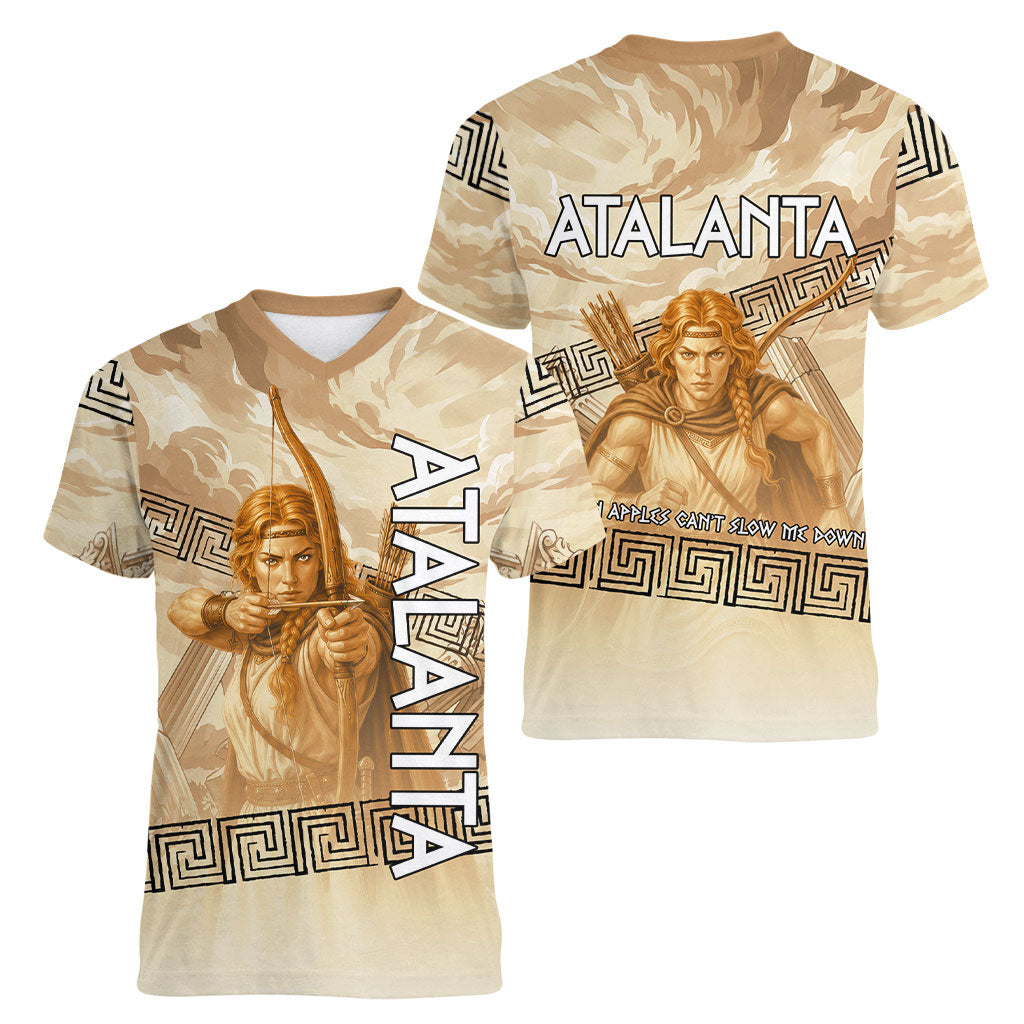 Atalanta Greek Mythology Huntress Archer Women V-Neck T-Shirt Ancient Greek Heroine Goddess Vintage Meander Artwork