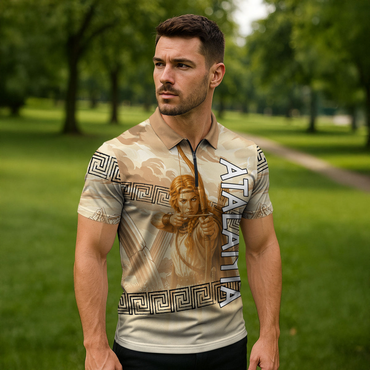 Atalanta Greek Mythology Huntress Archer Zipper Polo Shirt Ancient Greek Heroine Goddess Vintage Meander Artwork