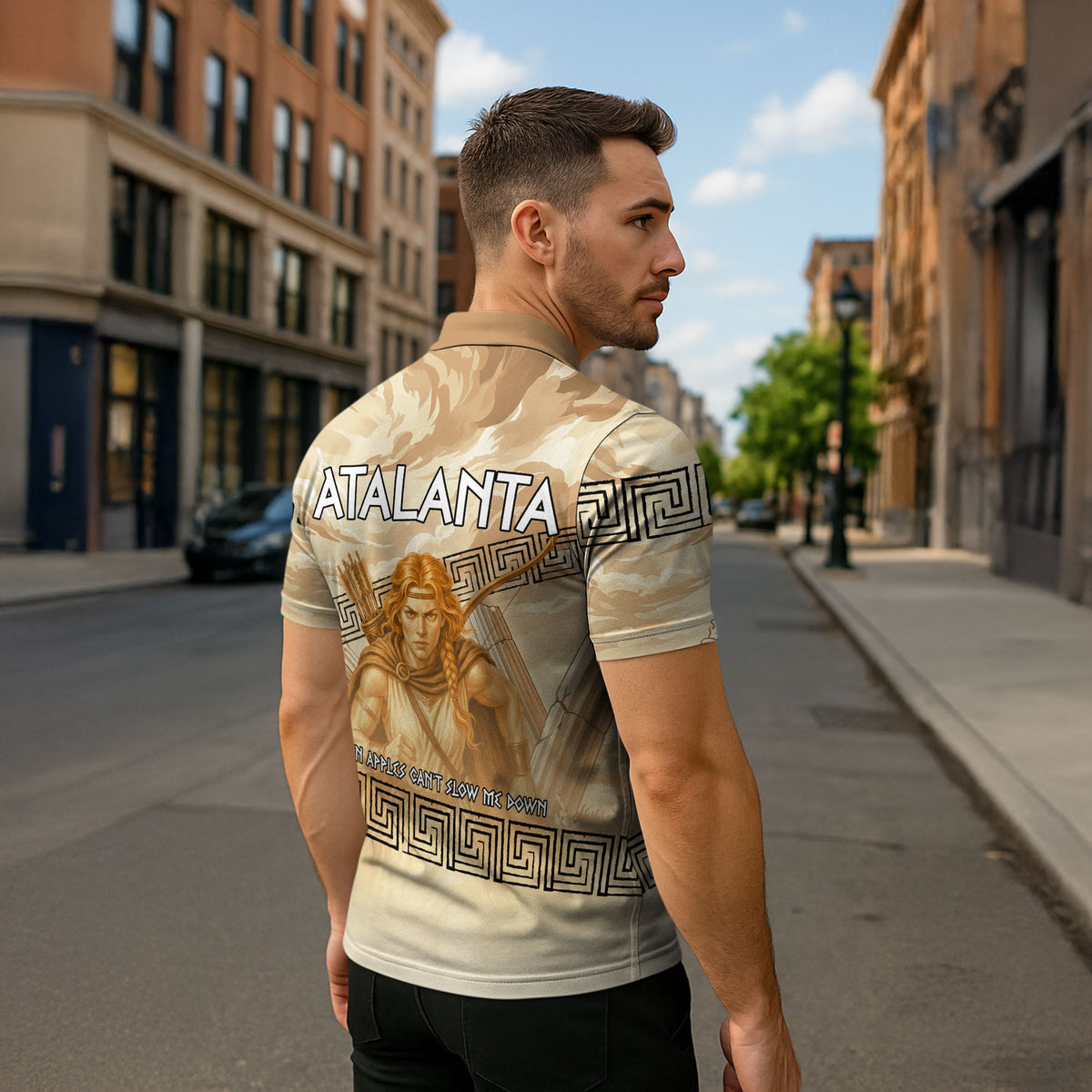 Atalanta Greek Mythology Huntress Archer Zipper Polo Shirt Ancient Greek Heroine Goddess Vintage Meander Artwork