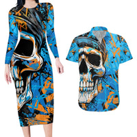 Grafity Skull Couples Matching Long Sleeve Bodycon Dress and Hawaiian Shirt Street Style Skull Colorful Abstract Art - Wonder Print Shop