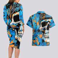 Grafity Skull Couples Matching Long Sleeve Bodycon Dress and Hawaiian Shirt Street Style Skull Colorful Abstract Art - Wonder Print Shop