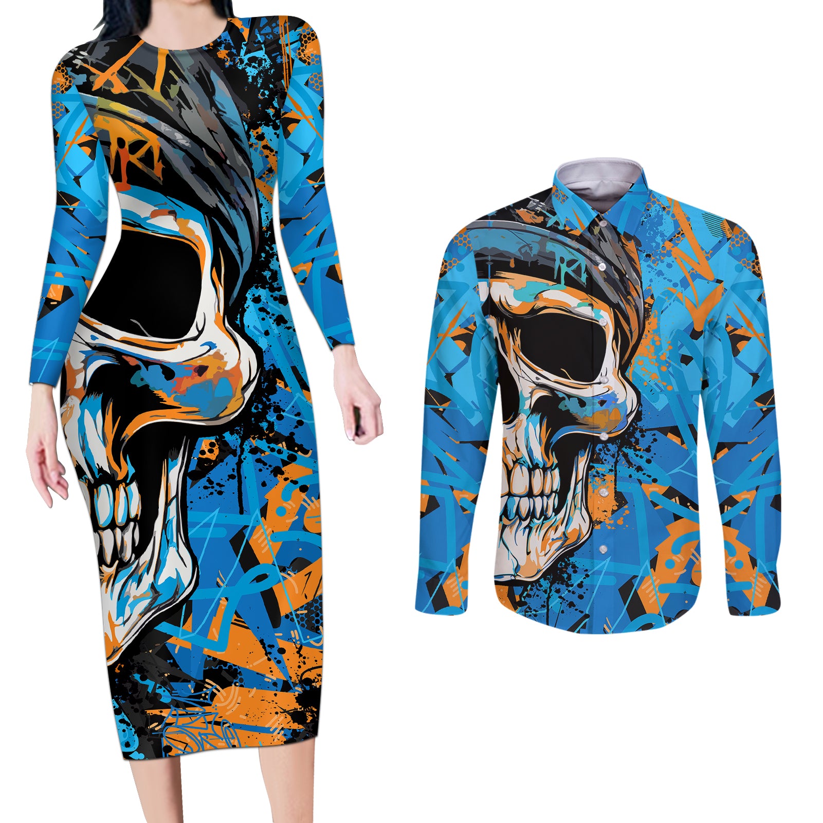 Grafity Skull Couples Matching Long Sleeve Bodycon Dress and Long Sleeve Button Shirts Street Style Skull Colorful Abstract Art - Wonder Print Shop
