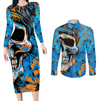 Grafity Skull Couples Matching Long Sleeve Bodycon Dress and Long Sleeve Button Shirts Street Style Skull Colorful Abstract Art - Wonder Print Shop