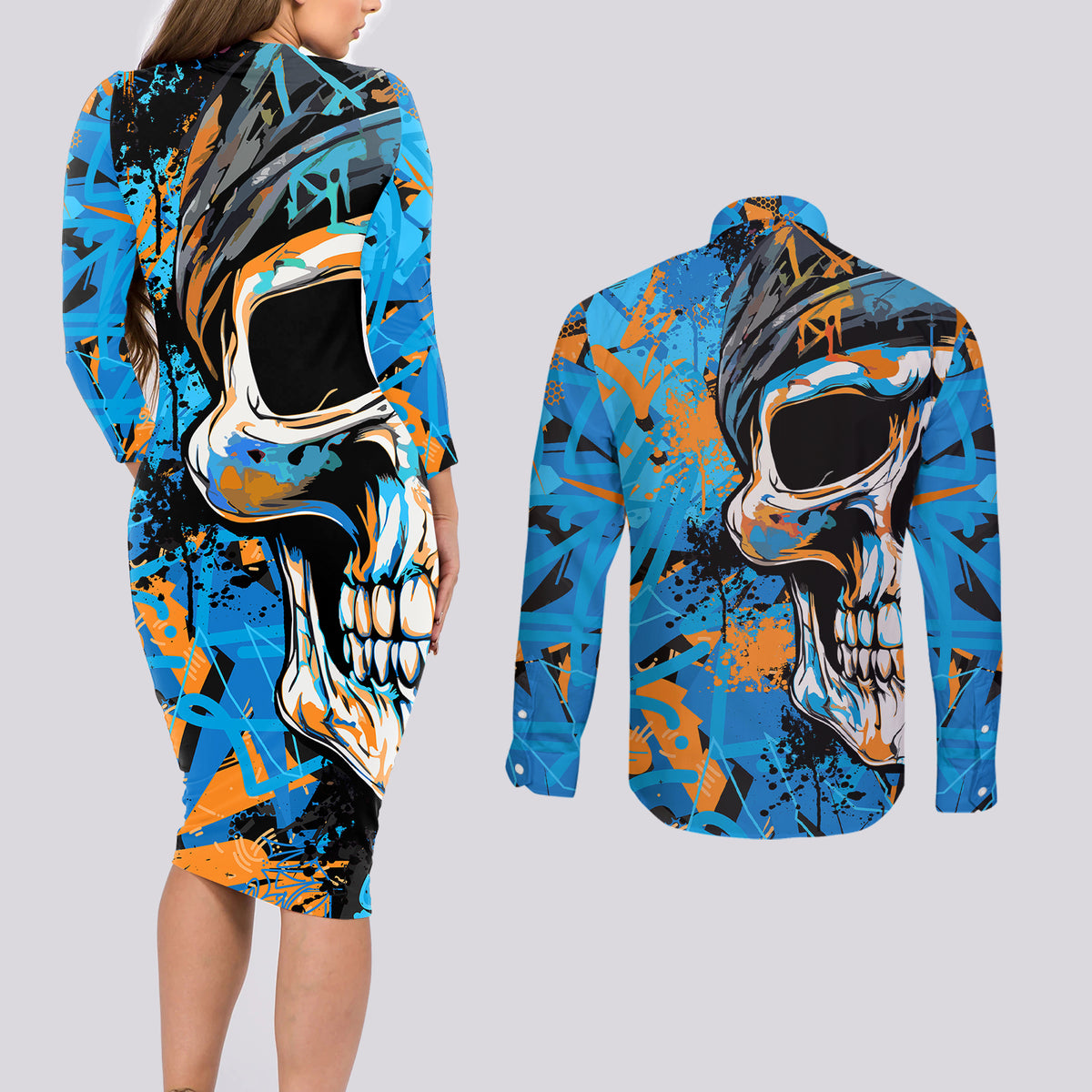 Grafity Skull Couples Matching Long Sleeve Bodycon Dress and Long Sleeve Button Shirts Street Style Skull Colorful Abstract Art - Wonder Print Shop