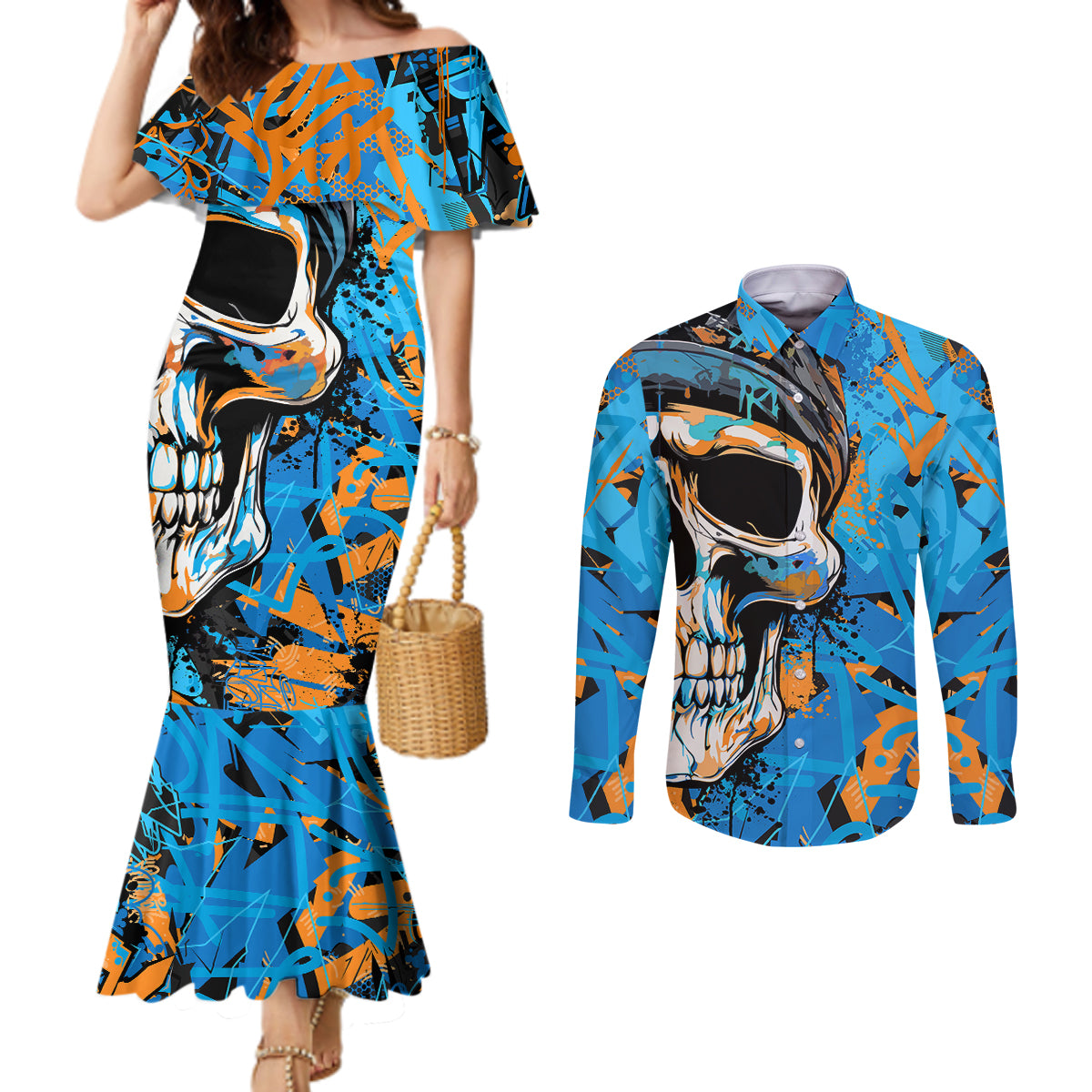 grafity-skull-couples-matching-mermaid-dress-and-long-sleeve-button-shirts-street-style-skull-colorful-abstract-art