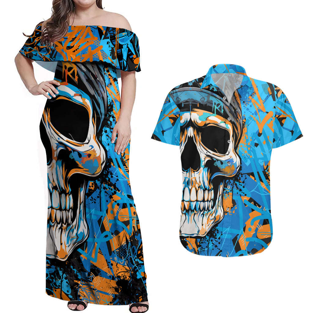 Grafity Skull Couples Matching Off Shoulder Maxi Dress and Hawaiian Shirt Street Style Skull Colorful Abstract Art - Wonder Print Shop