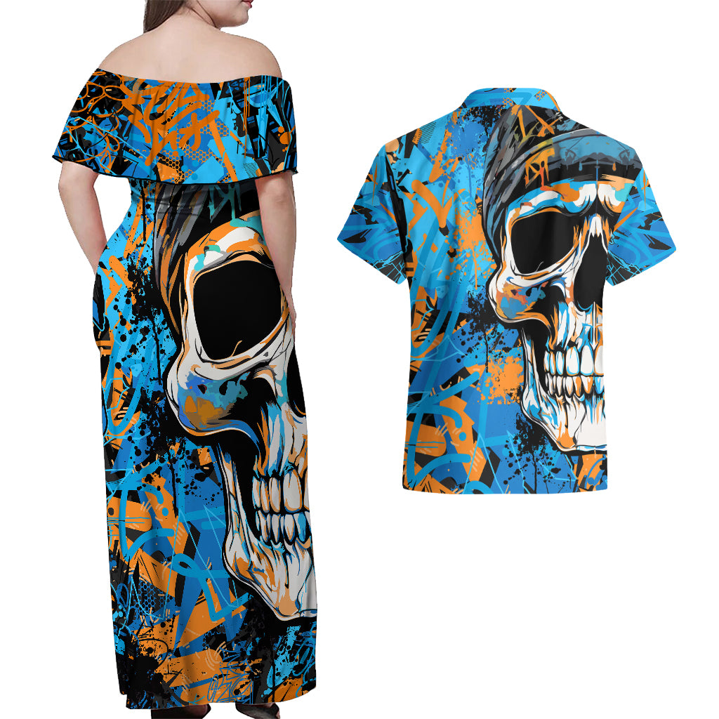 Grafity Skull Couples Matching Off Shoulder Maxi Dress and Hawaiian Shirt Street Style Skull Colorful Abstract Art - Wonder Print Shop
