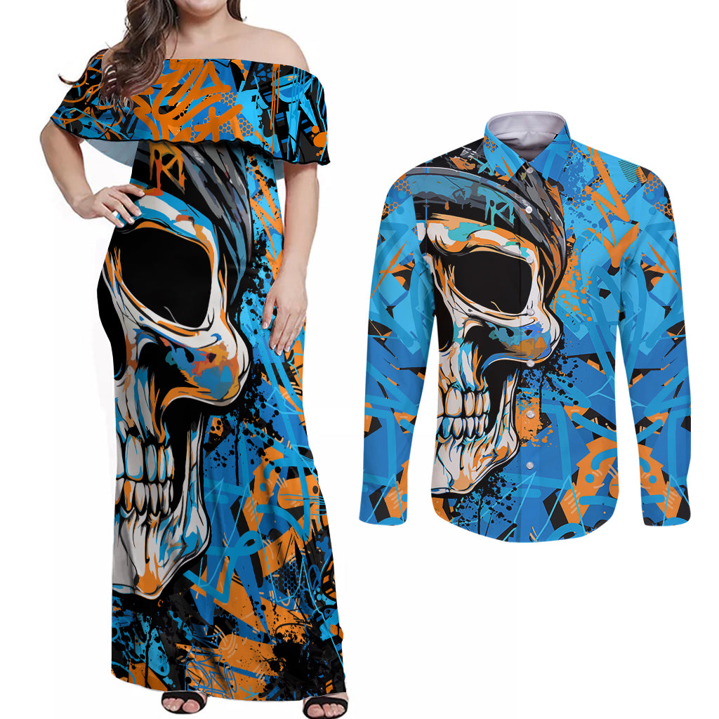 Grafity Skull Couples Matching Off Shoulder Maxi Dress and Long Sleeve Button Shirts Street Style Skull Colorful Abstract Art - Wonder Print Shop