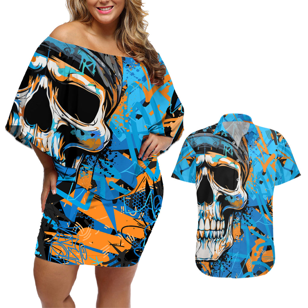 Grafity Skull Couples Matching Off Shoulder Short Dress and Hawaiian Shirt Street Style Skull Colorful Abstract Art - Wonder Print Shop