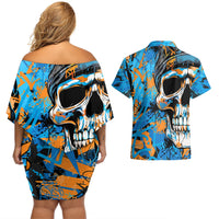 Grafity Skull Couples Matching Off Shoulder Short Dress and Hawaiian Shirt Street Style Skull Colorful Abstract Art - Wonder Print Shop