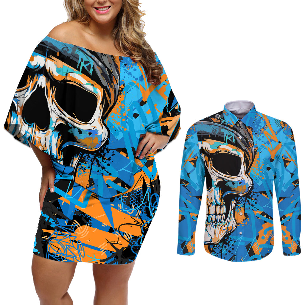 Grafity Skull Couples Matching Off Shoulder Short Dress and Long Sleeve Button Shirts Street Style Skull Colorful Abstract Art - Wonder Print Shop