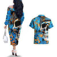 Grafity Skull Couples Matching Off The Shoulder Long Sleeve Dress and Hawaiian Shirt Street Style Skull Colorful Abstract Art - Wonder Print Shop