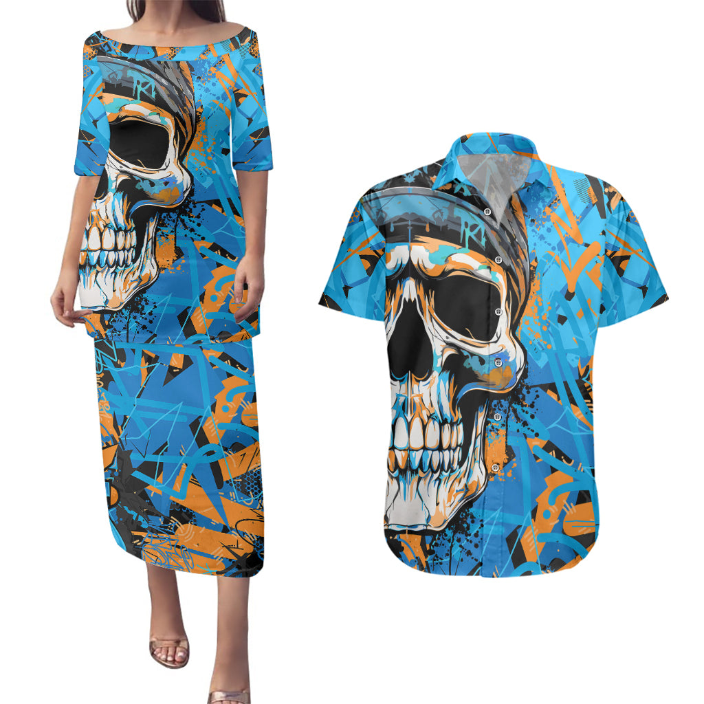 Grafity Skull Couples Matching Puletasi Dress and Hawaiian Shirt Street Style Skull Colorful Abstract Art - Wonder Print Shop