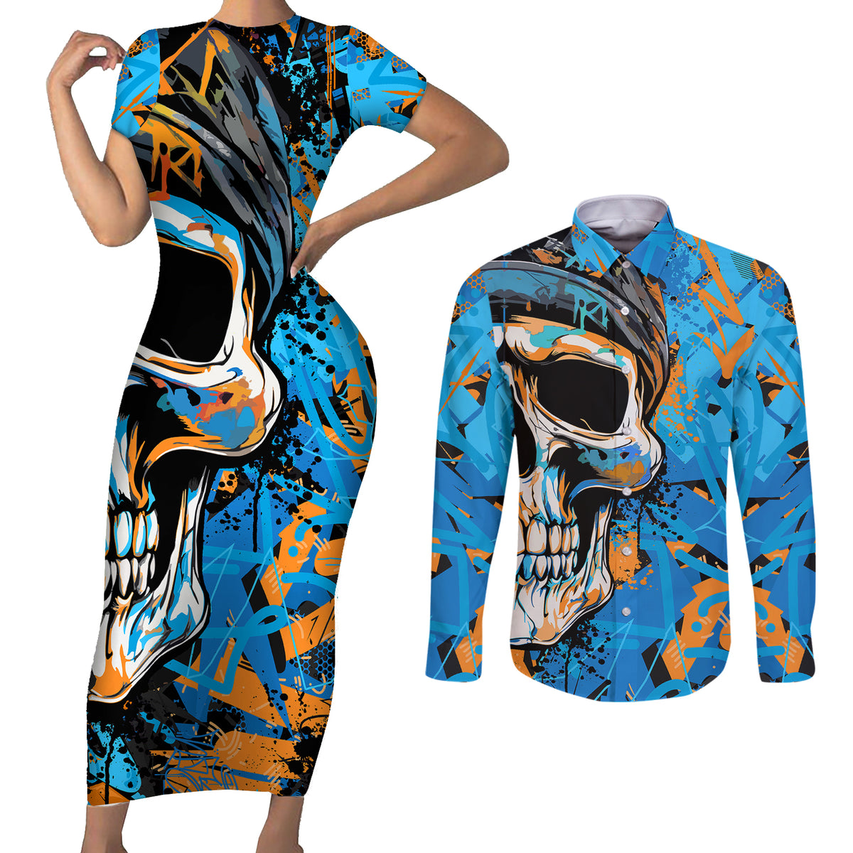 Grafity Skull Couples Matching Short Sleeve Bodycon Dress and Long Sleeve Button Shirts Street Style Skull Colorful Abstract Art - Wonder Print Shop