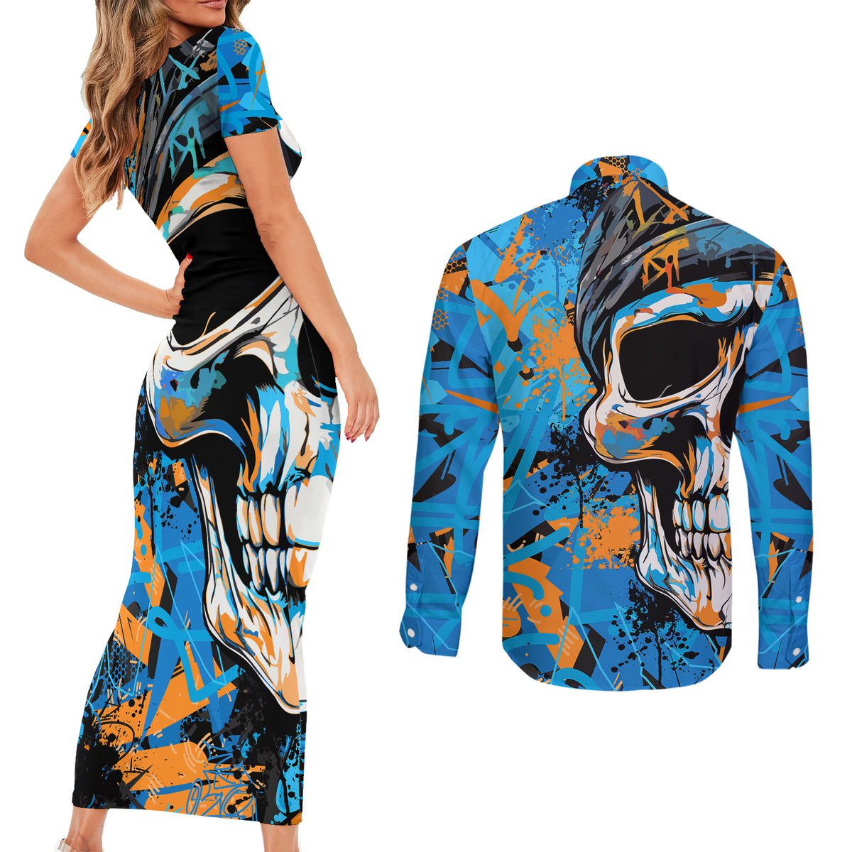 Grafity Skull Couples Matching Short Sleeve Bodycon Dress and Long Sleeve Button Shirts Street Style Skull Colorful Abstract Art - Wonder Print Shop