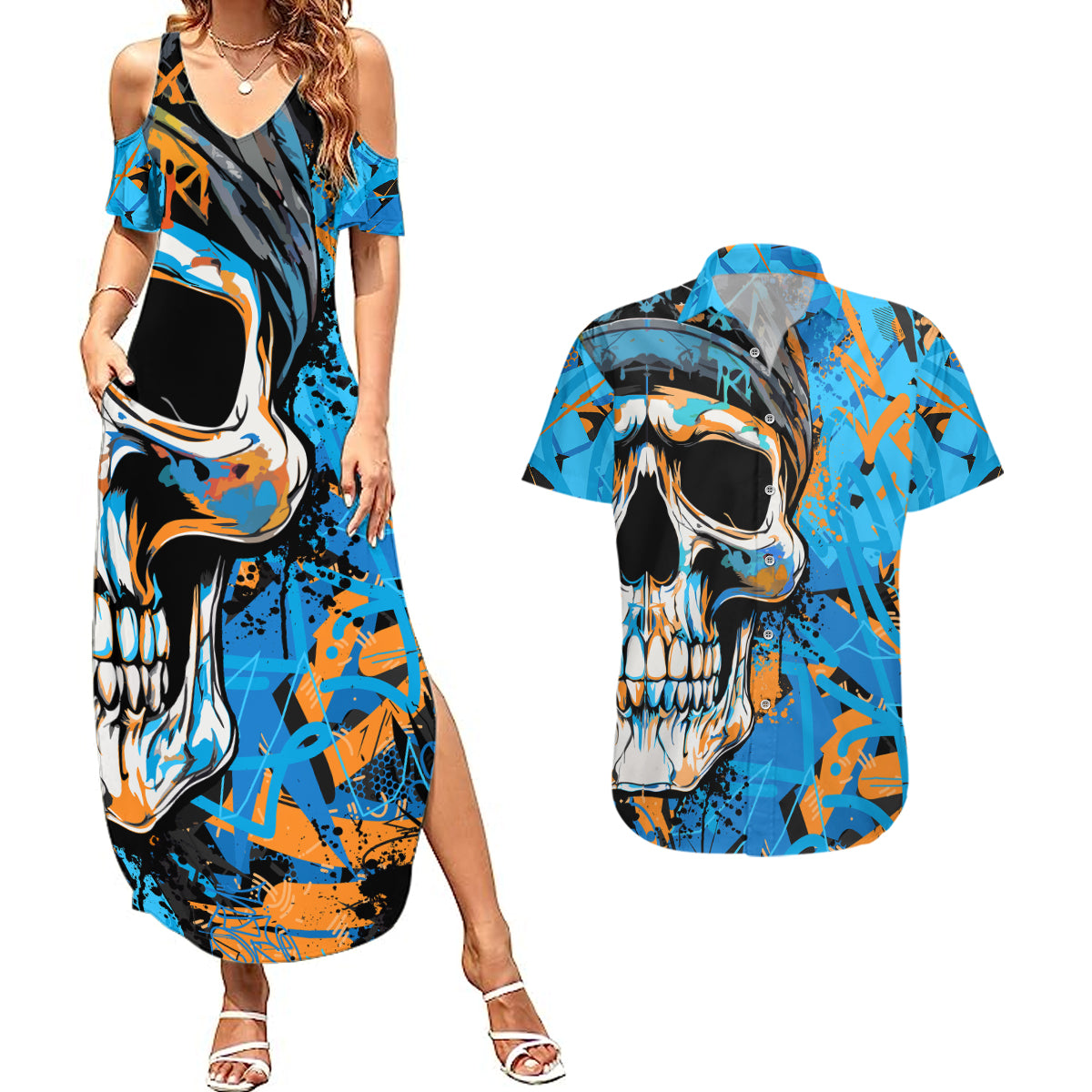 Grafity Skull Couples Matching Summer Maxi Dress and Hawaiian Shirt Street Style Skull Colorful Abstract Art - Wonder Print Shop