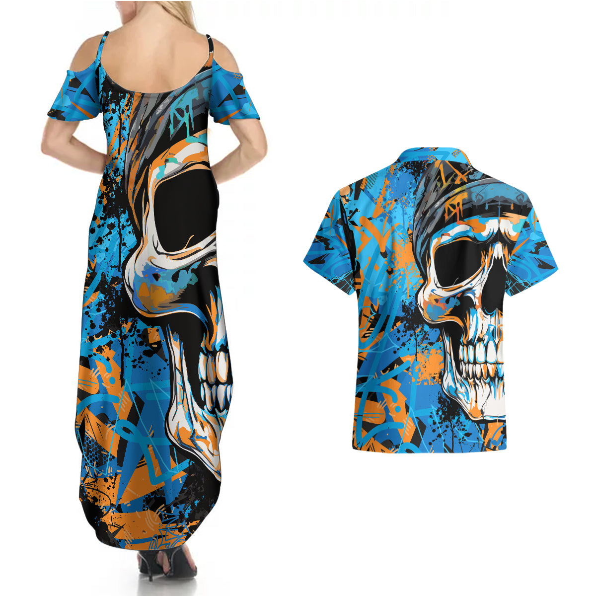 Grafity Skull Couples Matching Summer Maxi Dress and Hawaiian Shirt Street Style Skull Colorful Abstract Art - Wonder Print Shop