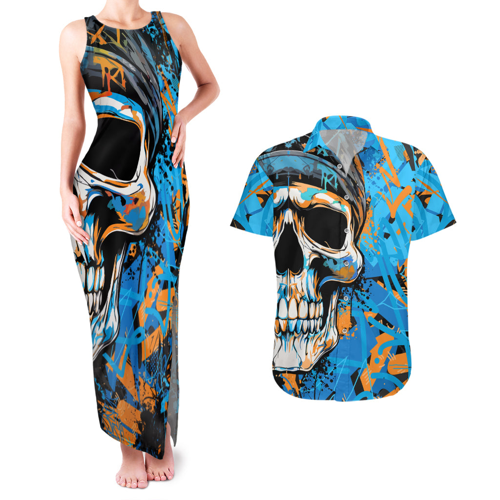 Grafity Skull Couples Matching Tank Maxi Dress and Hawaiian Shirt Street Style Skull Colorful Abstract Art - Wonder Print Shop