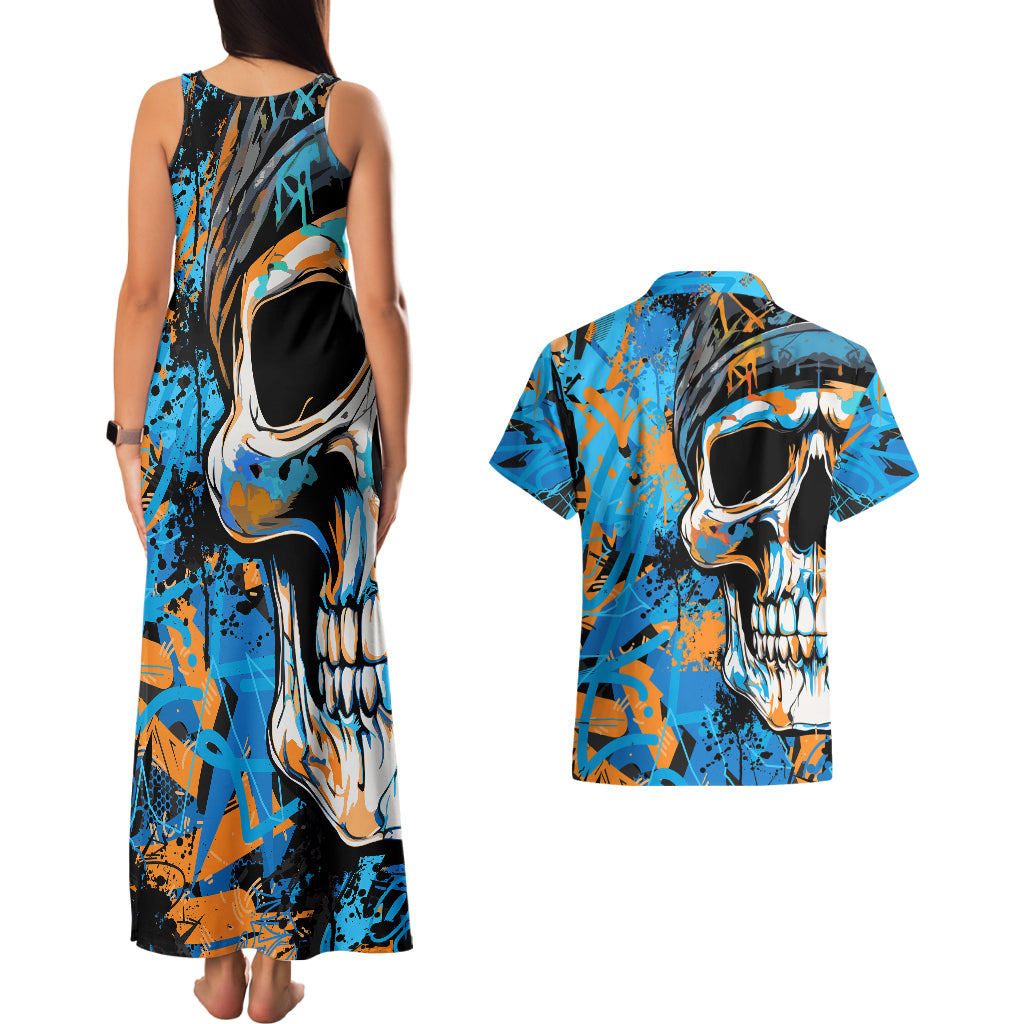 Grafity Skull Couples Matching Tank Maxi Dress and Hawaiian Shirt Street Style Skull Colorful Abstract Art - Wonder Print Shop
