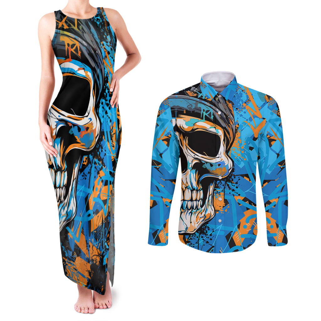 Grafity Skull Couples Matching Tank Maxi Dress and Long Sleeve Button Shirts Street Style Skull Colorful Abstract Art - Wonder Print Shop