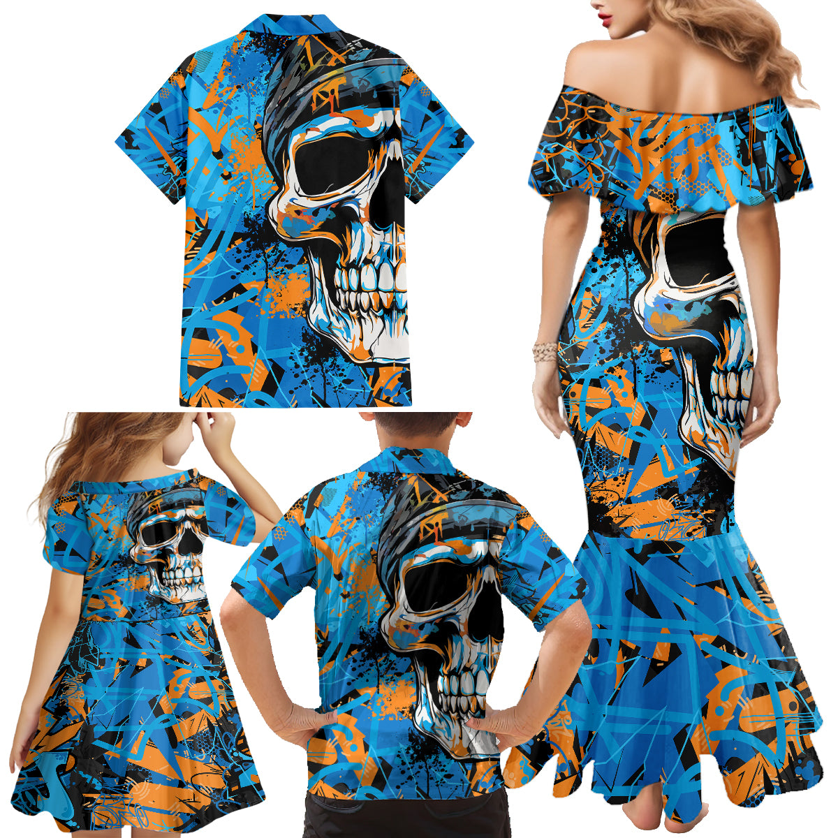 Grafity Skull Family Matching Mermaid Dress and Hawaiian Shirt Street Style Skull Colorful Abstract Art - Wonder Print Shop