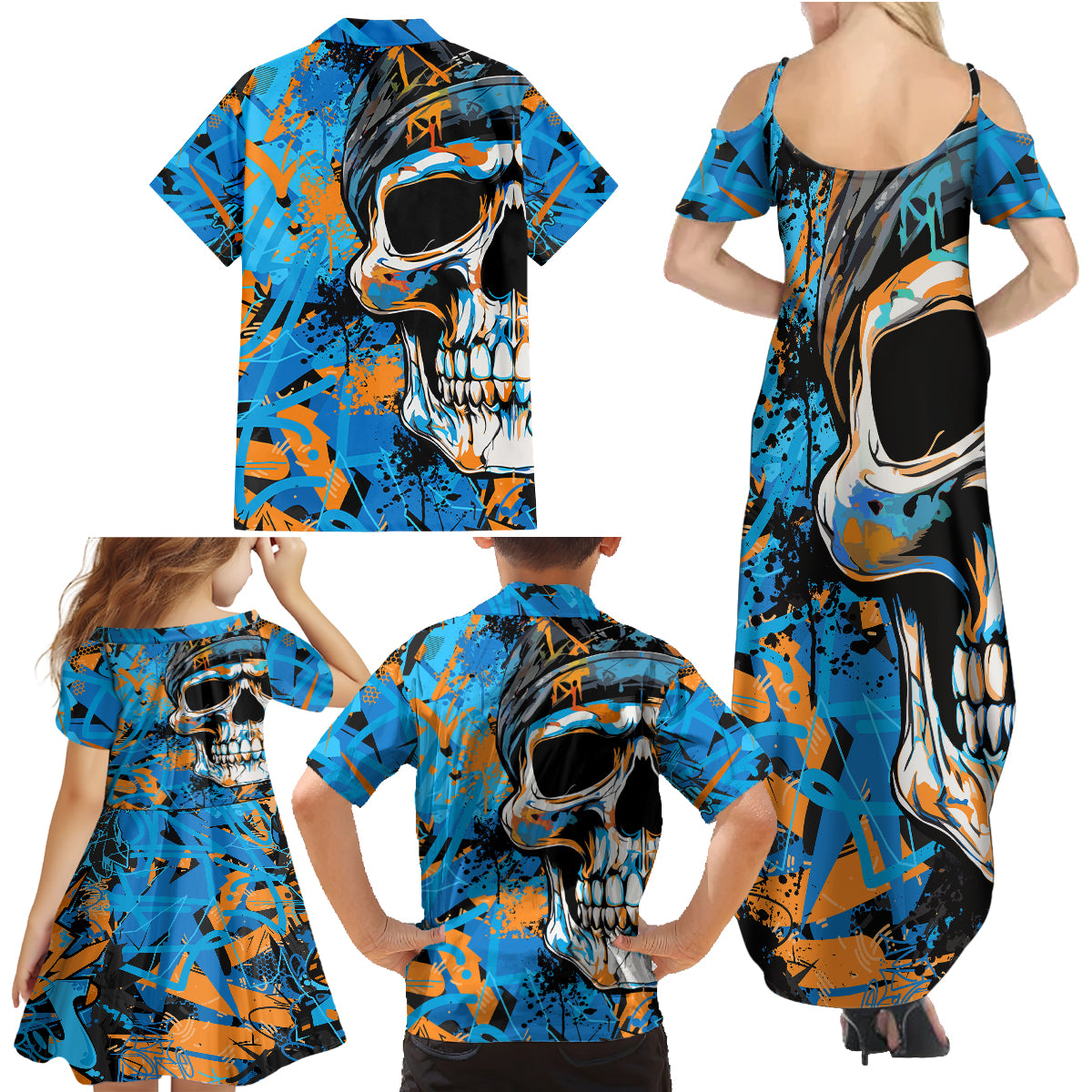 Grafity Skull Family Matching Summer Maxi Dress and Hawaiian Shirt Street Style Skull Colorful Abstract Art - Wonder Print Shop