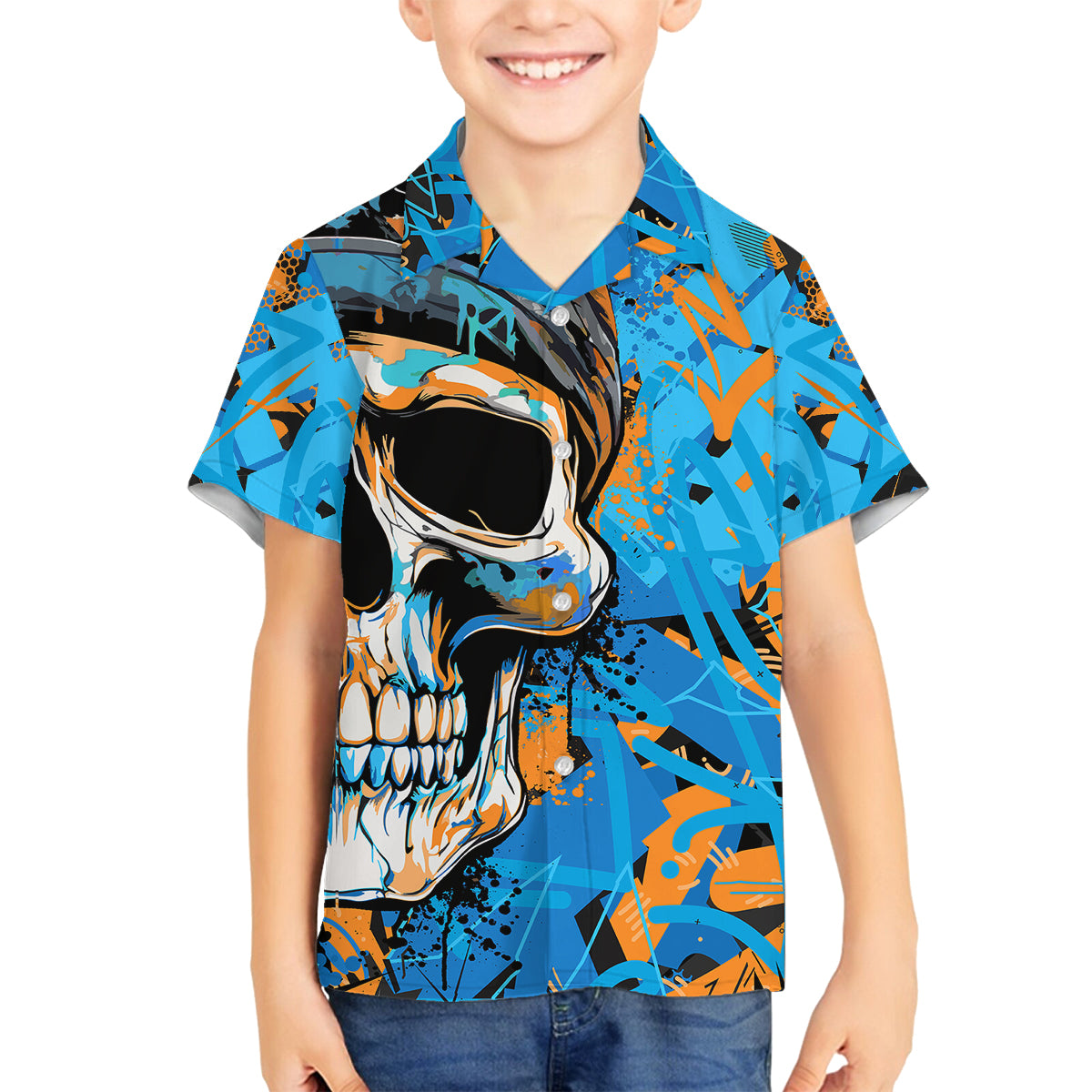 Grafity Skull Family Matching Summer Maxi Dress and Hawaiian Shirt Street Style Skull Colorful Abstract Art - Wonder Print Shop
